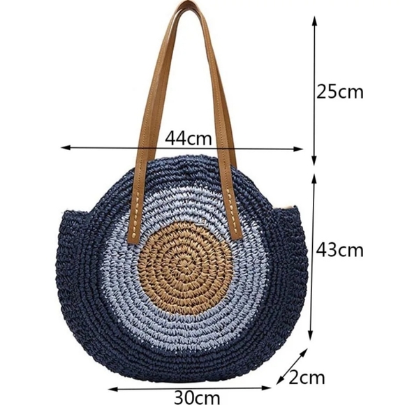 NEW Boho Large Round Straw Woven Shoulder Bag Handmade Summer Beach Tote Bag - Picture 4 of 7